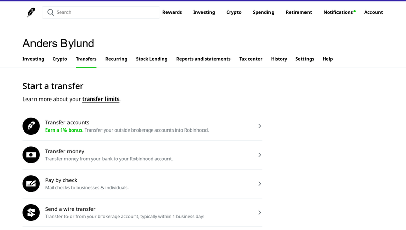 Options for adding money to a Robinhood account.