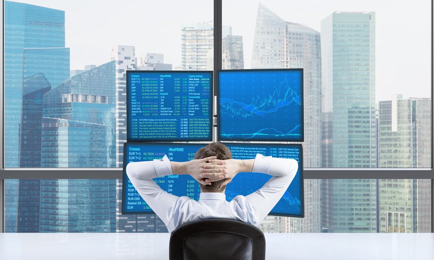 An investor looking at charts and data overlooking a skyline.