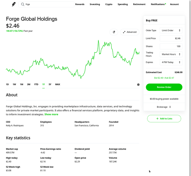 Screenshot of placing a limit order to buy 100 shares of Forge Global on Robinhood.
