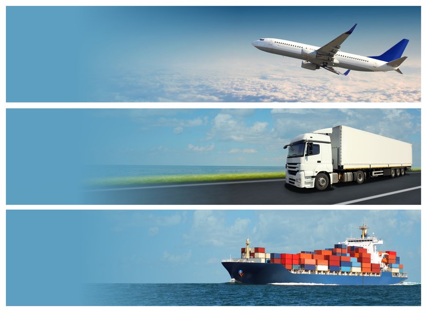 Three photos: a jetliner, a freight ship, and a tractor-trailer.