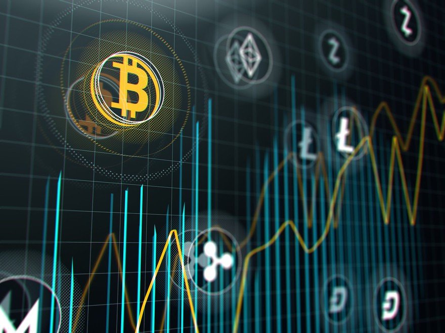 A price graph with cryptocurrency logos superimposed.